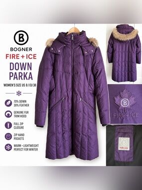 Bogner FIRE+ICE Purple Down Parka Coat Women’s 8 EU 38 Fur Trim Hood Long Puffer